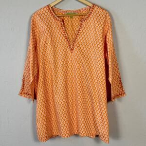 Sigrid Olsen Tunic Top Lightweight V Neck Embroidered XL Tangerine 100% Cotton
